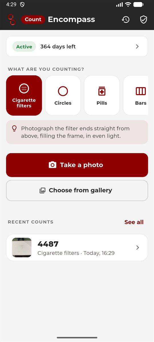 Count Encompass home screen: license status, template tiles, take a photo button and recent counts