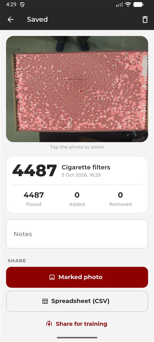 A saved count showing the marked photo, found/added/removed totals and share buttons