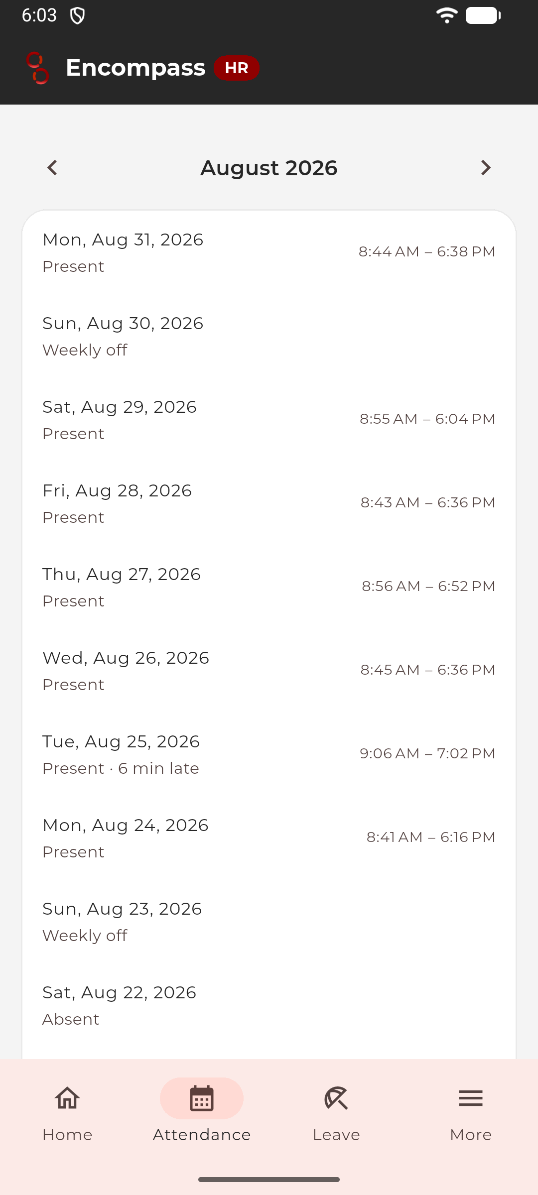 Attendance for the month, day by day, in the employee's work time zone.