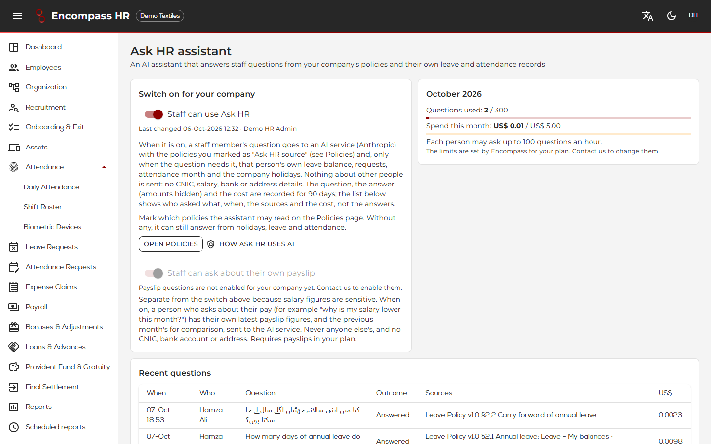Company administrator's Ask HR settings card: switch on or off, payslip questions switch, monthly limits and usage.