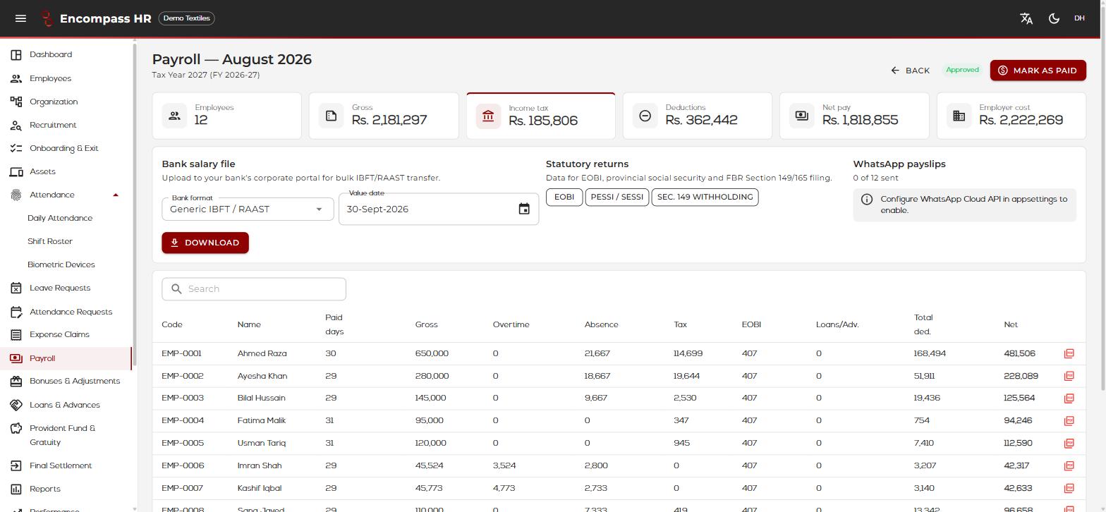 A processed payroll run showing bank salary file download, statutory returns and WhatsApp payslip status