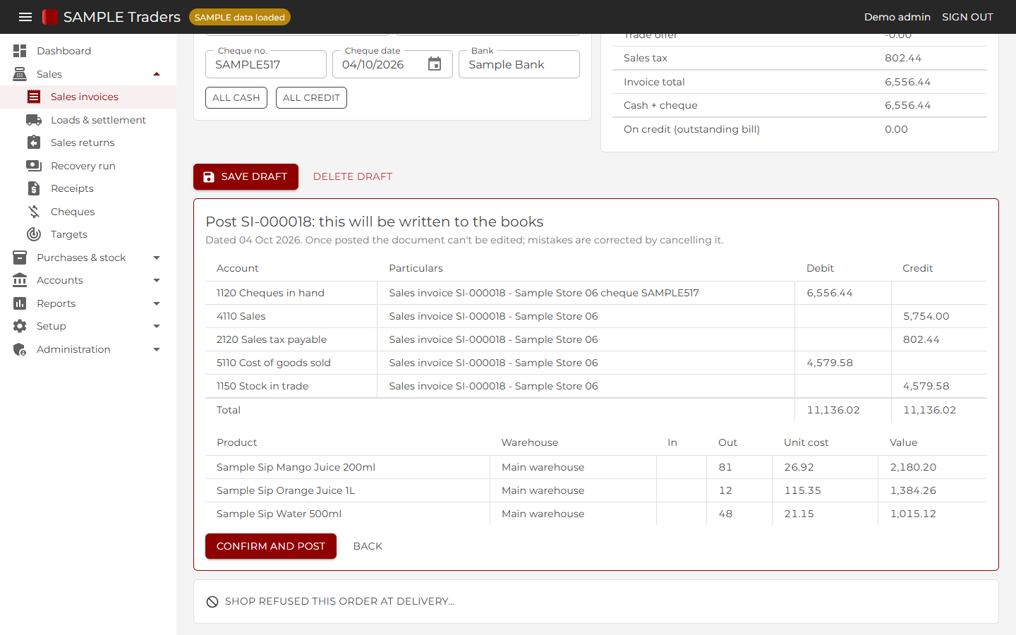 Review before posting: the exact ledger entries and stock movements are shown, and nothing is written until a person confirms.