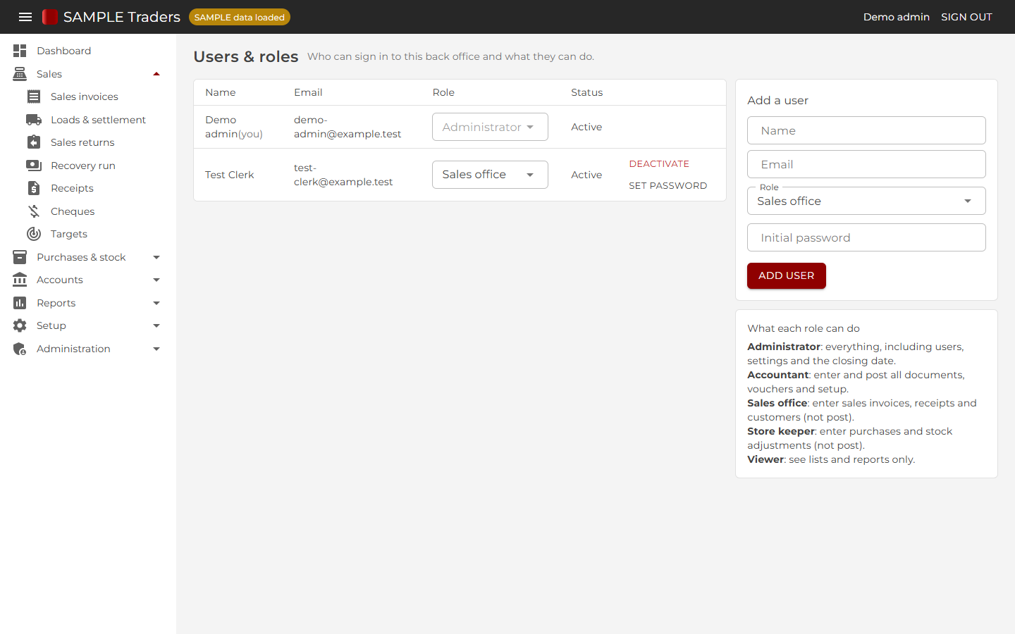 Users and roles: admin, accountant, sales office, store keeper and viewer; posting limited to admin and accountant.